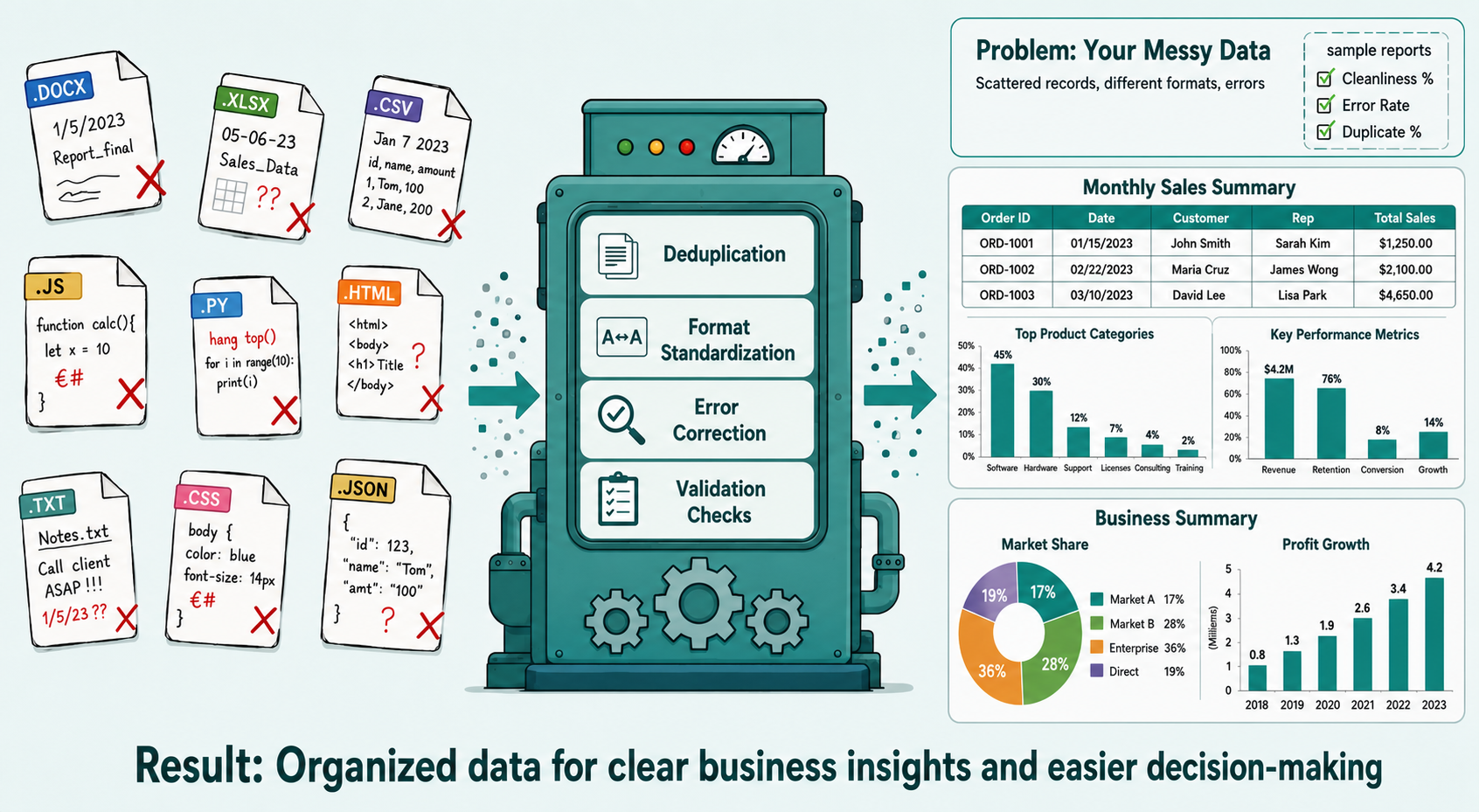 The DataFlow Engine — raw, messy spreadsheet data flowing through a cleaning and analysis pipeline and emerging as a clean, verified report